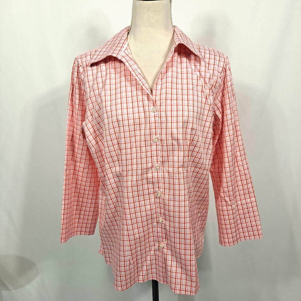 Lands' End Red Pink Striped No Iron Pinpoint Oxford Button Down Shirt